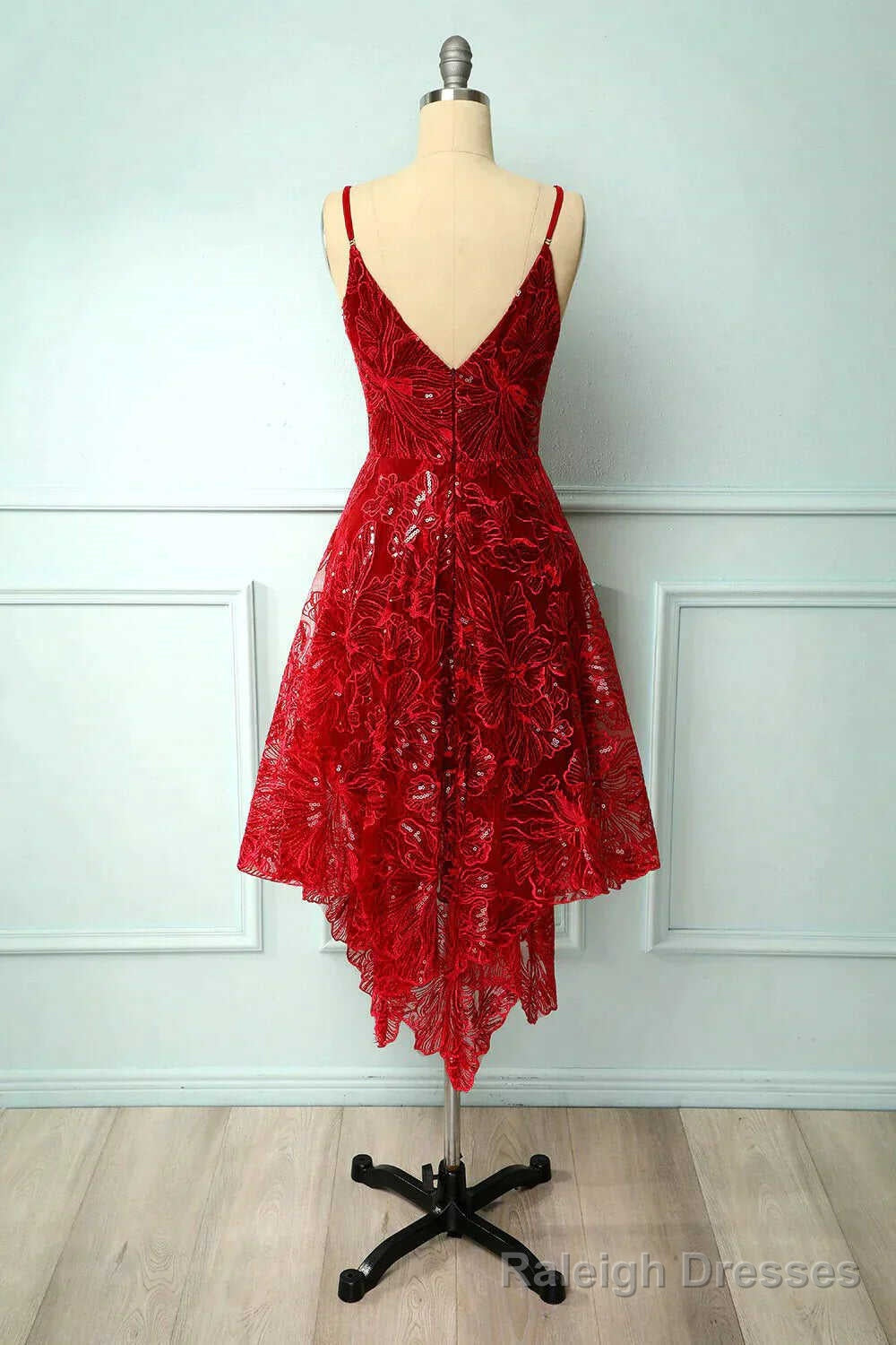 Burgundy Lace V Neck Short Prom Dress, A Line Irregular Hem Prom Dress