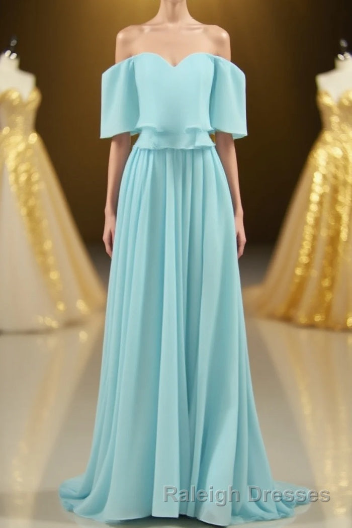 Off the Shoulder Blue Flounce Chiffon Long Bridesmaid Dresses Main image