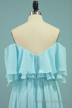 Off the Shoulder Blue Flounce Chiffon Long Bridesmaid Dresses