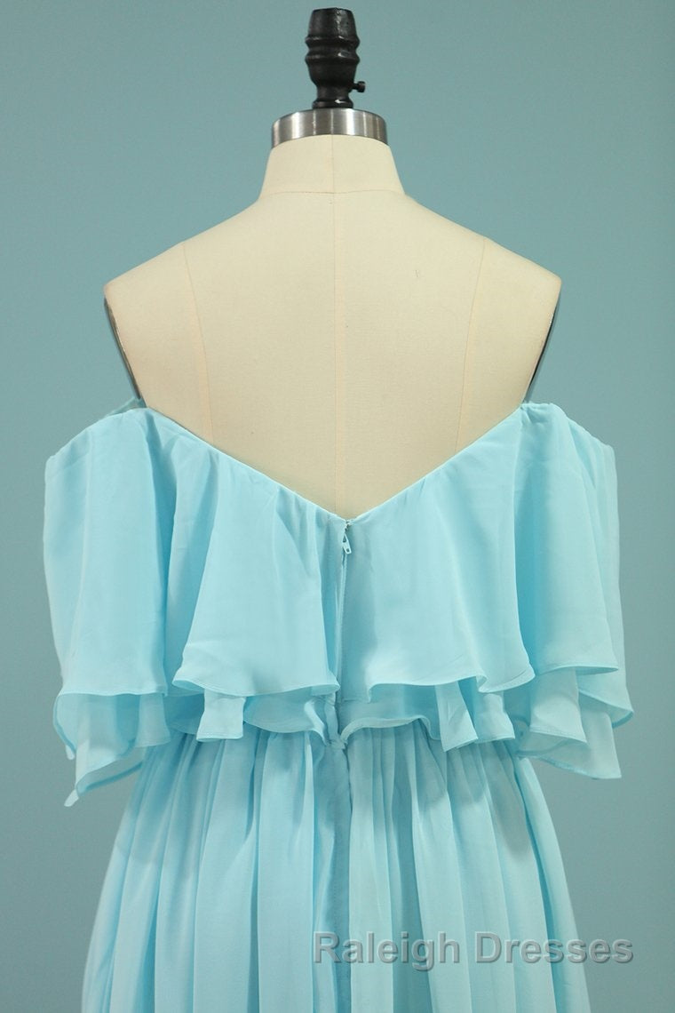 Off the Shoulder Blue Flounce Chiffon Long Bridesmaid Dresses