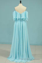 Off the Shoulder Blue Flounce Chiffon Long Bridesmaid Dresses