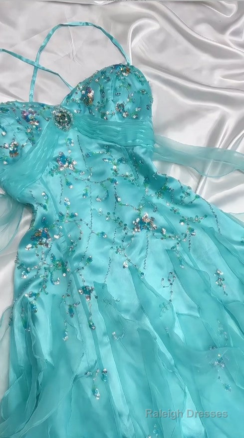 1950S Inspired Baby Princess Blue Prom Dresses - Shimmering Sequins Tulle & Satin BallGowns For Prom Events