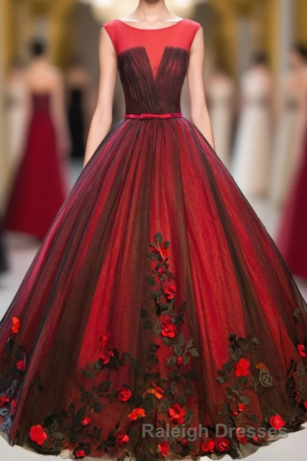 Burgundy Round Neck Tulle Lace Applique Long Prom Dress, Burgundy Evening Dress