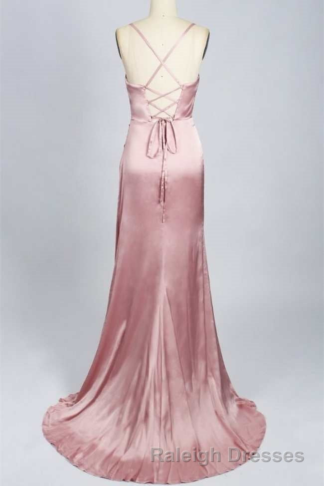 Pink Scoop Neck Lace-Up Back Long Prom Dresses with Slit