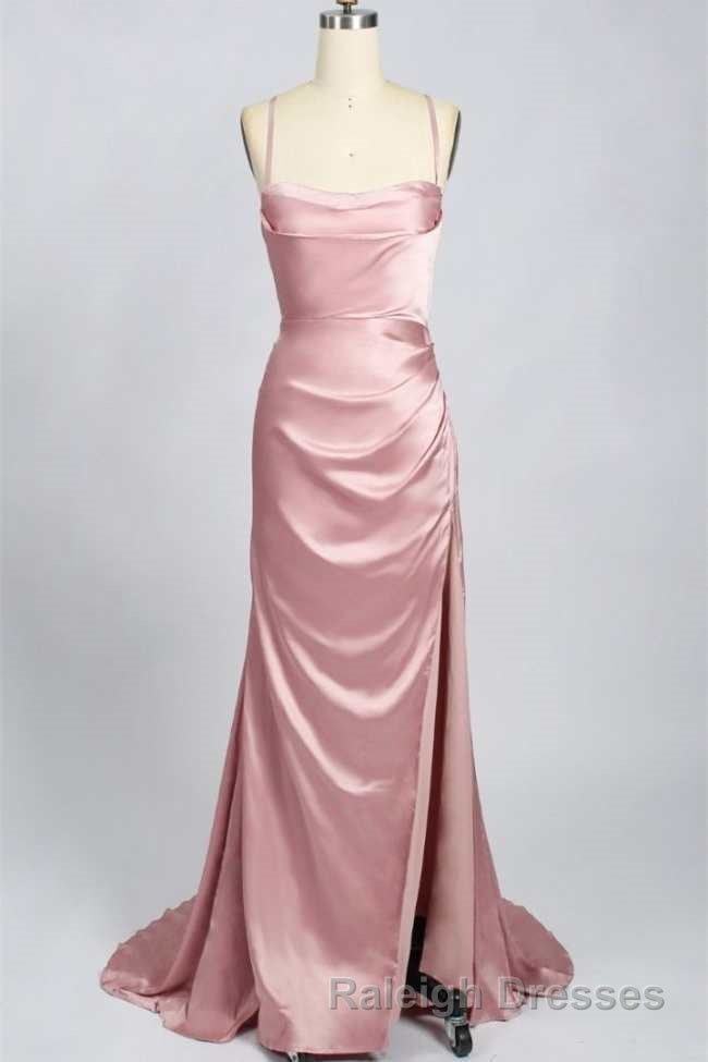 Pink Scoop Neck Lace-Up Back Long Prom Dresses with Slit