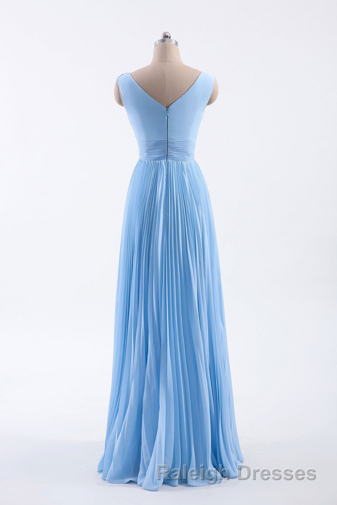 Blue Pleated A Line Chiffon Long Bridesmaid Dresses