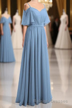 Dusty Blue Chiffon Cold-Shoulder A-Line Bridesmaid Dress