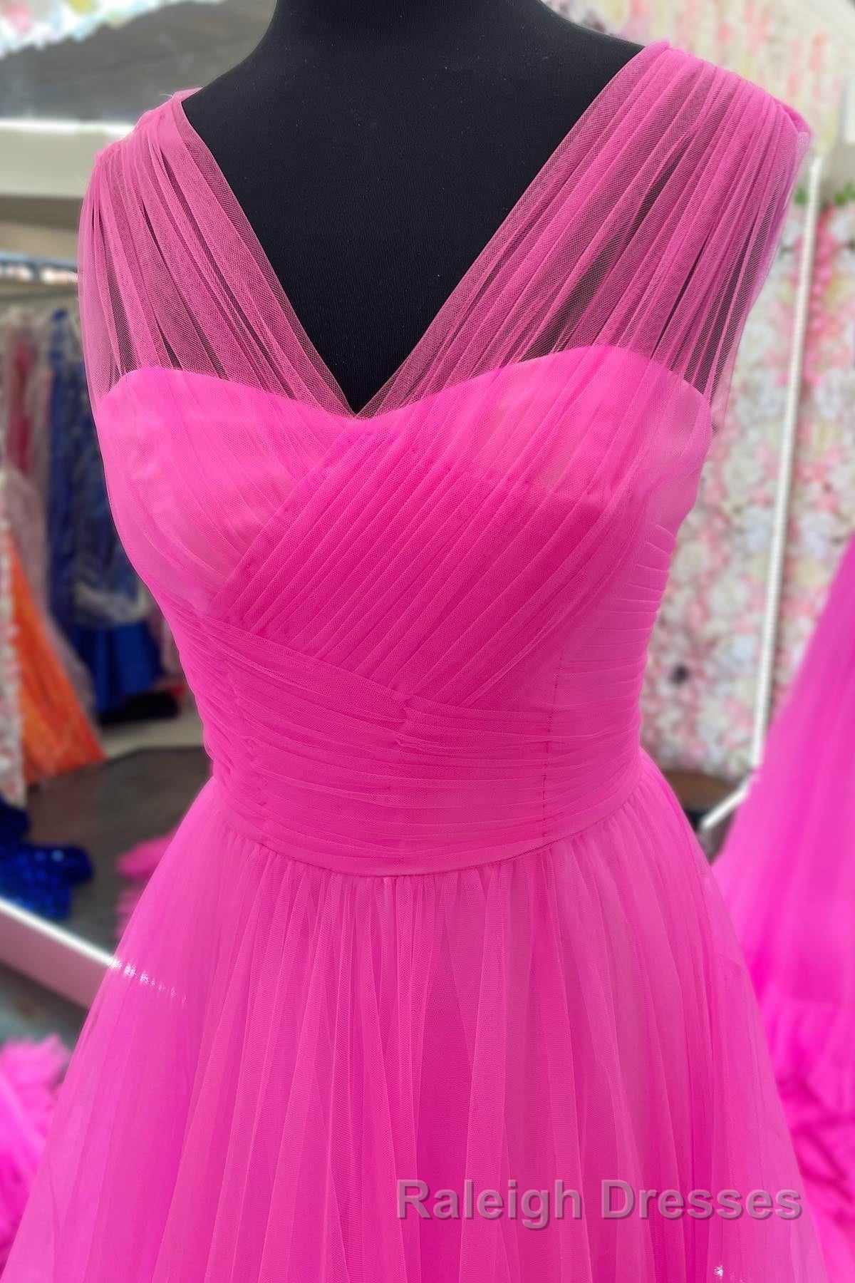 Hot Pink Illusion Strapless A-line Layers Tulle Long Prom Dress Secondary image