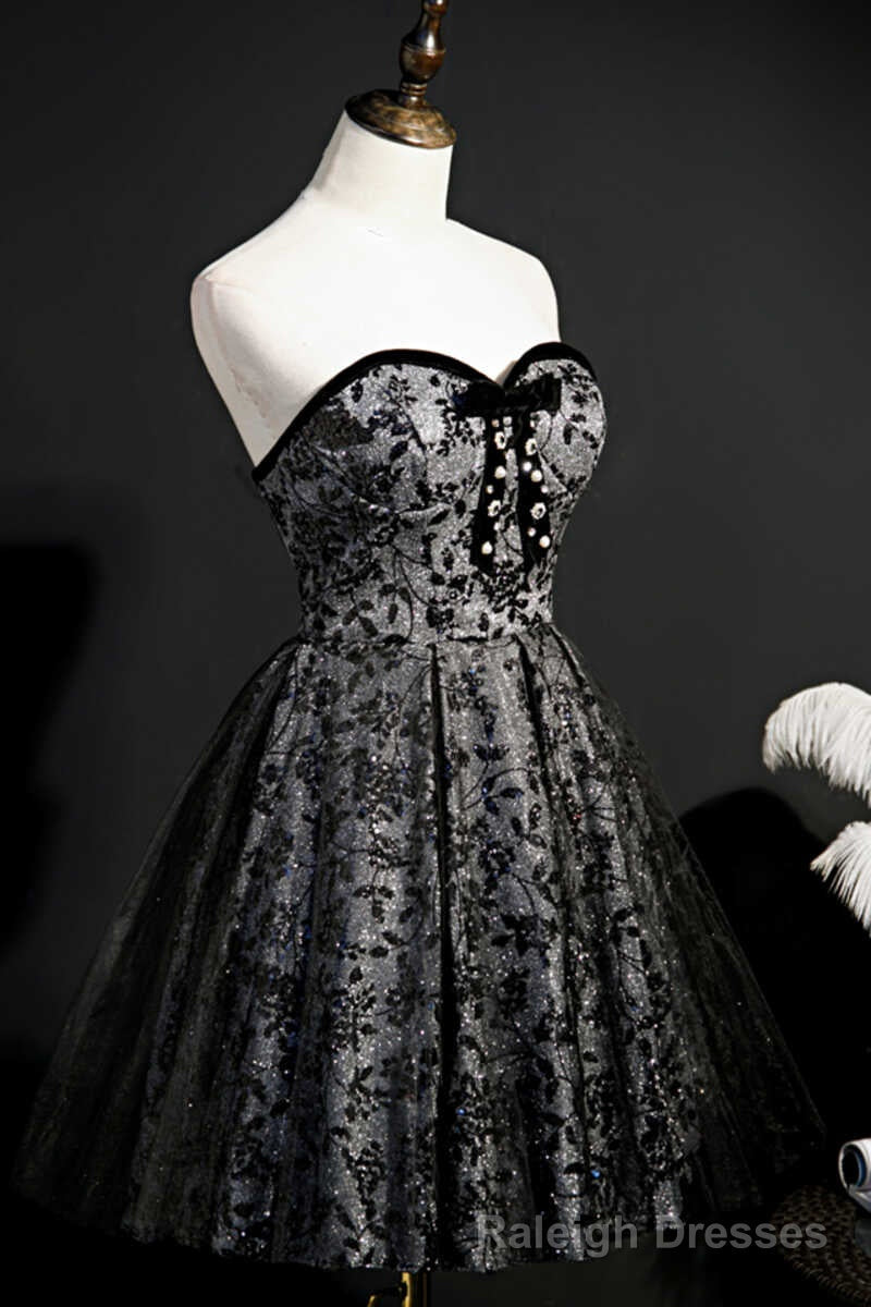 Black Print Sweetheart A Line Homecoming Dress with Bow