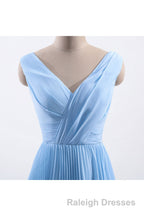 Blue Pleated A-line Chiffon Long Bridesmaid Dress