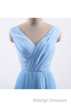 Blue Pleated A Line Chiffon Long Bridesmaid Dresses
