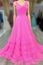 Hot Pink Illusion Strapless A-line Layers Tulle Long Prom Dress