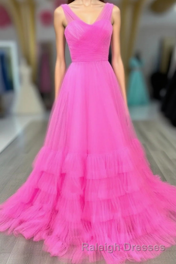 Hot Pink Illusion Strapless A-line Layers Tulle Long Prom Dress
