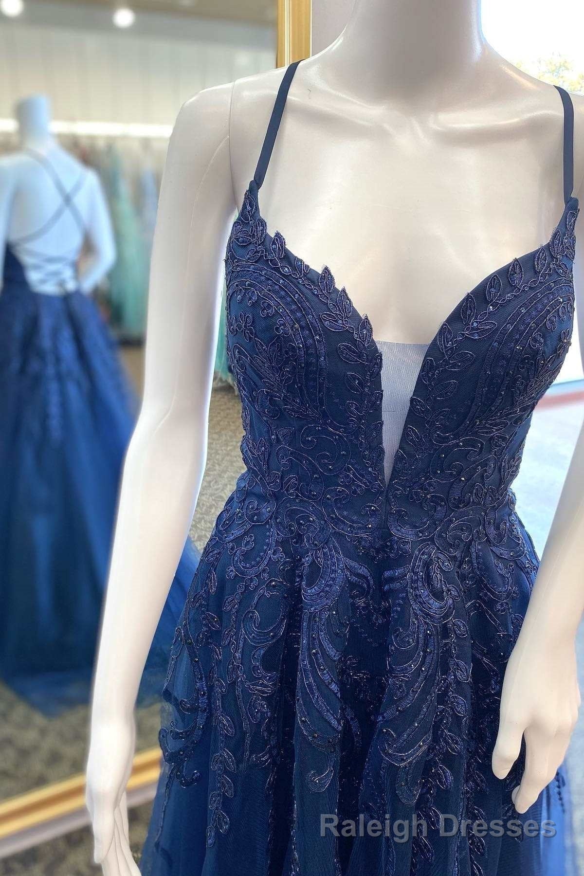 Navy Blue Appliques Plunge Neck Lace-Up A Line Prom Dress