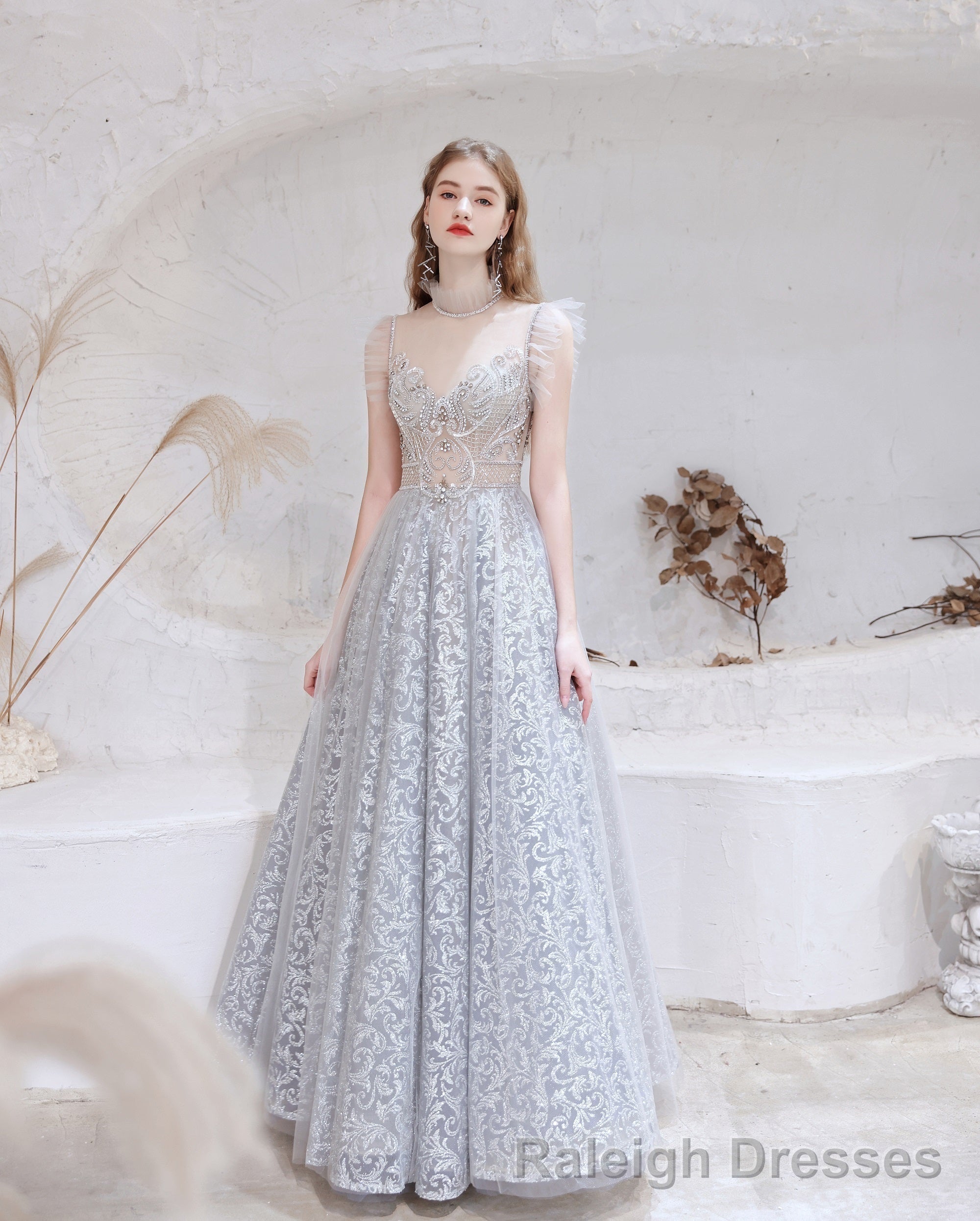 Gorgeous Beading High Neck Tulle Evening Dress, With Cape Sleeves Main image