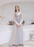 Champagne Prom Dresses Tulle Beading Luxury V Neck Long Sleeves Evening Dress 2025 Long Evening Party Dresses Women Robe De Luxe Femme Backless A Line Prom Gown