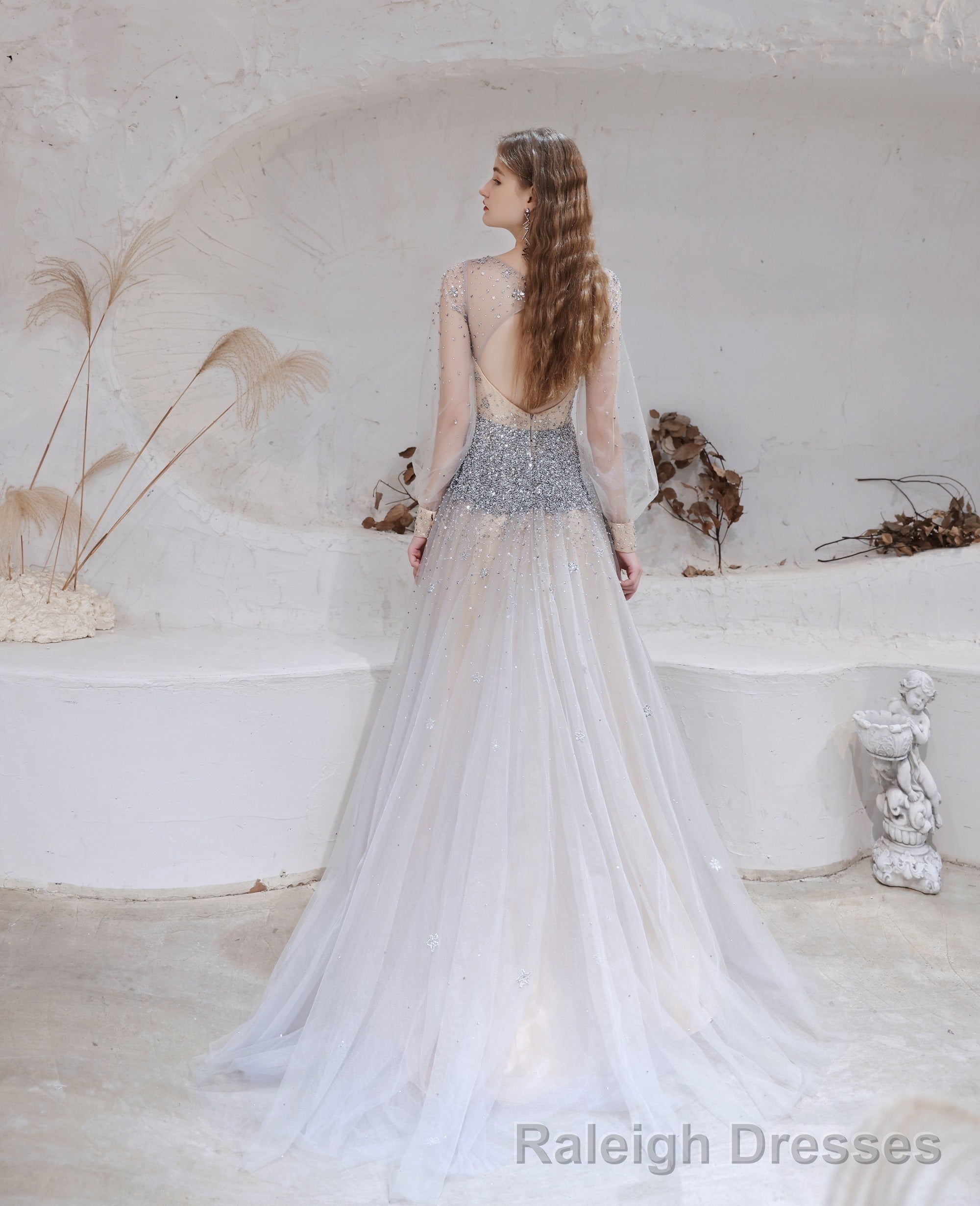 Champagne Prom Dresses Tulle Beading Luxury V Neck Long Sleeves Evening Dress 2025 Long Evening Party Dresses Women Robe De Luxe Femme Backless A Line Prom Gown Secondary image