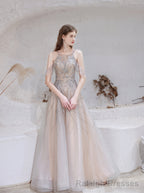 A Line Bateau Prom Dress, Long Neck With Train Sleeveless Zipper Formal Prom Dresses