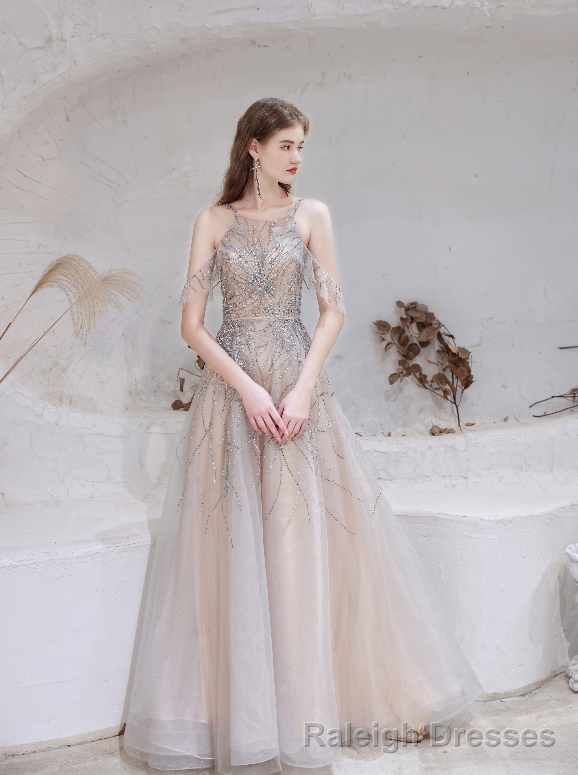 A Line Bateau Prom Dress, Long Neck With Train Sleeveless Zipper Formal Prom Dresses