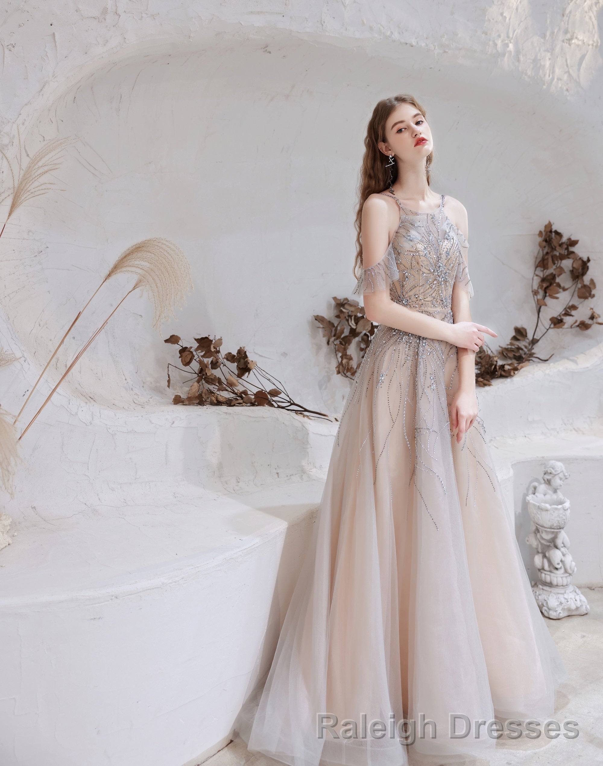 A Line Bateau Prom Dress, Long Neck With Train Sleeveless Zipper Formal Prom Dresses Main image