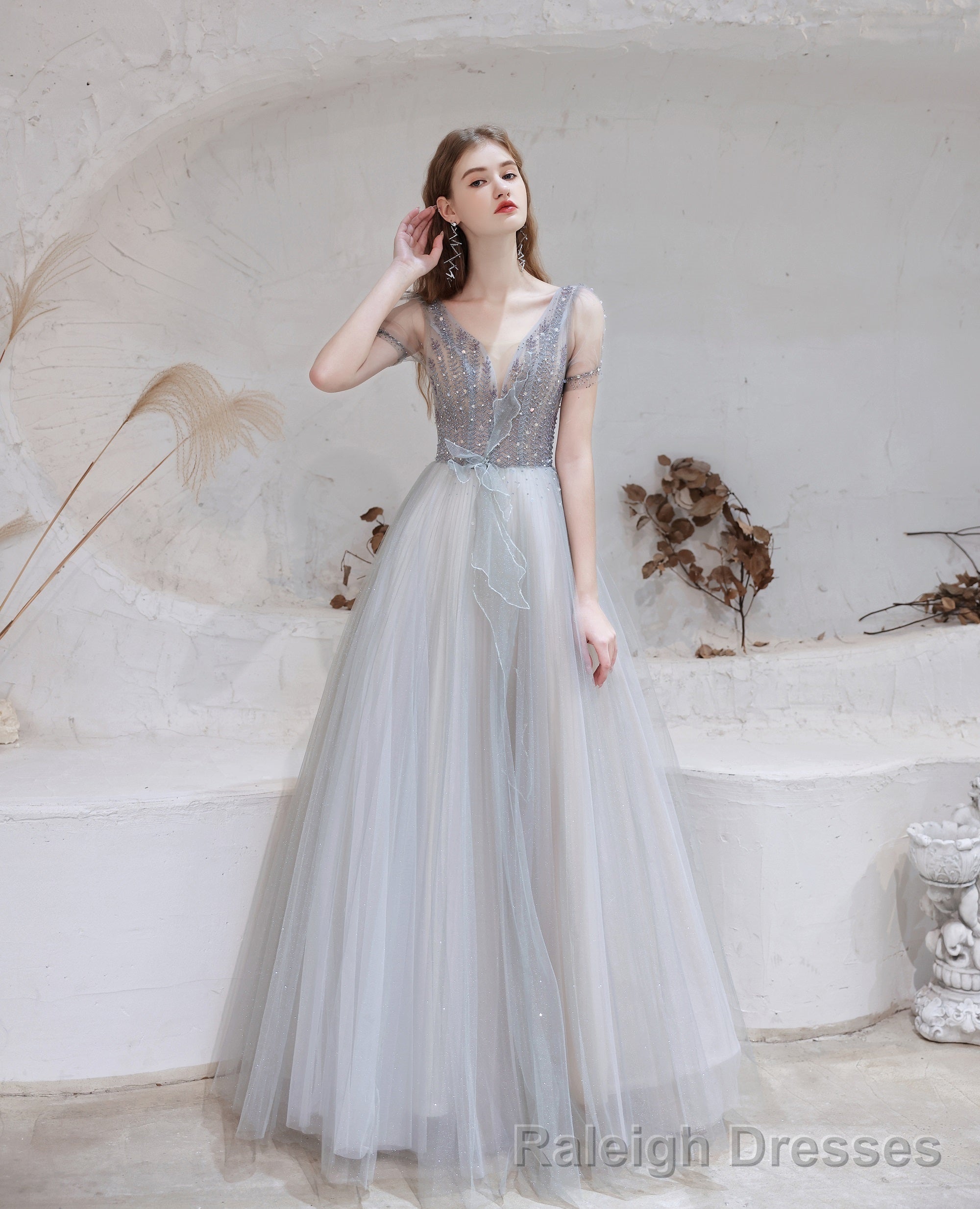 Elegant Prom Dress, Formal V Neck Short Sleeves Beaded Tulle Dresses, A Ling Floor Length