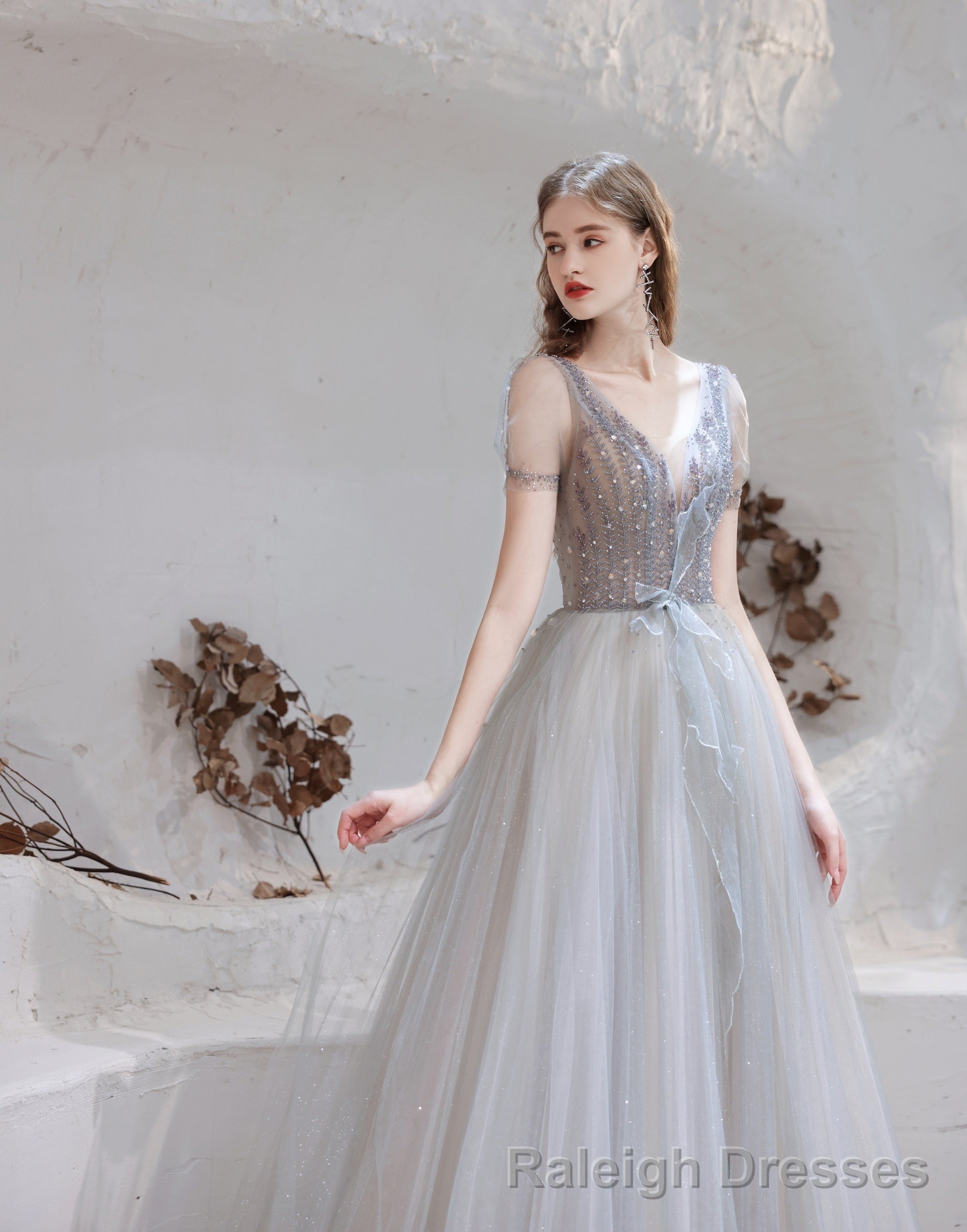 Elegant Prom Dress, Formal V Neck Short Sleeves Beaded Tulle Dresses, A Ling Floor Length