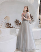 Elegant Prom Dress, Formal V Neck Short Sleeves Beaded Tulle Dresses, A Ling Floor Length