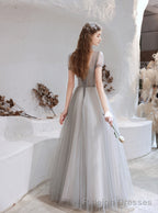 Elegant Prom Dress, Formal V Neck Short Sleeves Beaded Tulle Dresses, A Ling Floor Length