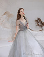 Elegant Prom Dress, Formal V Neck Short Sleeves Beaded Tulle Dresses, A Ling Floor Length