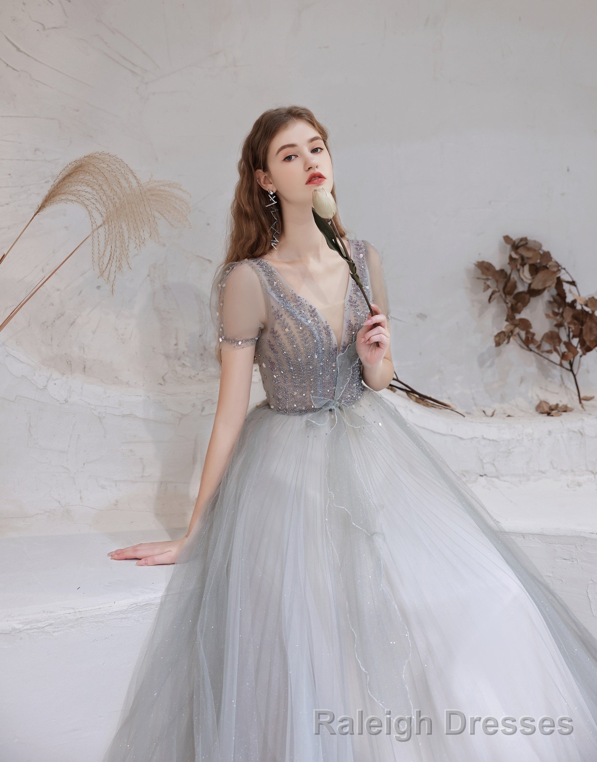 Elegant Prom Dress, Formal V Neck Short Sleeves Beaded Tulle Dresses, A Ling Floor Length