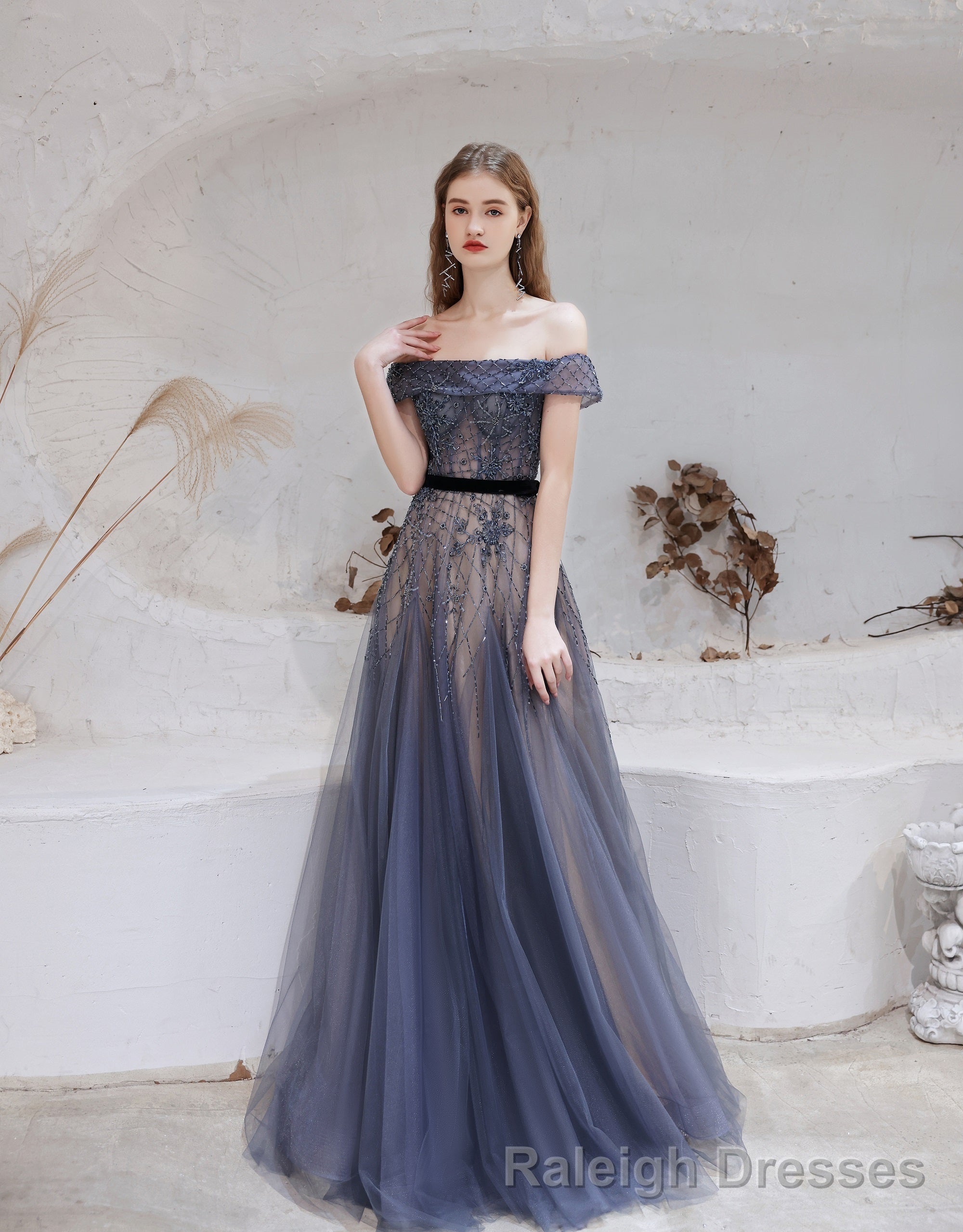 Evening Dress, Blue Prom Dresses, A Line Bateau Neck Floor Length Short Sleeves Zipper Formal Party Dresses, Pageant Dresses Main image