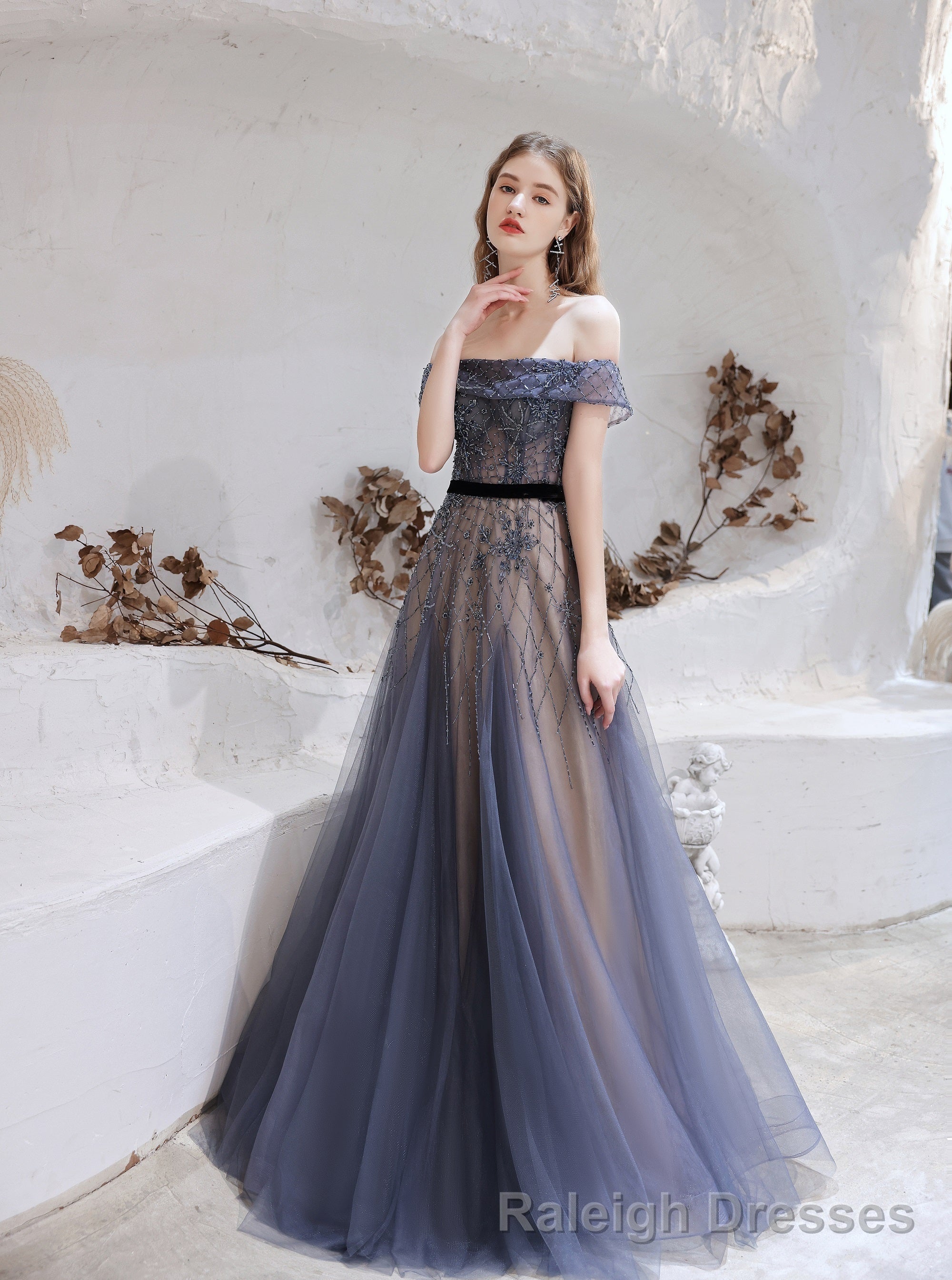 Evening Dress, Blue Prom Dresses, A Line Bateau Neck Floor Length Short Sleeves Zipper Formal Party Dresses, Pageant Dresses