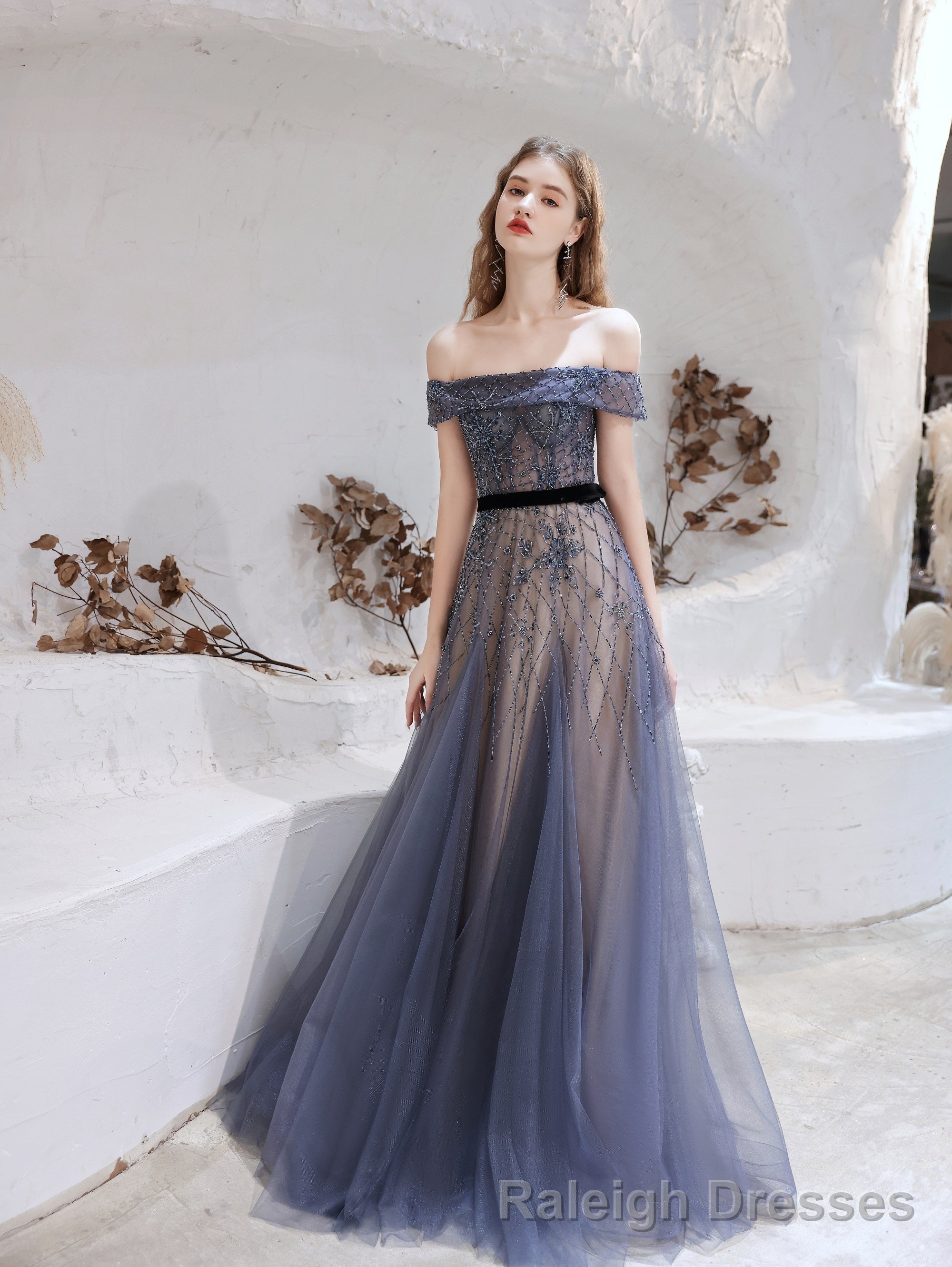 Evening Dress, Blue Prom Dresses, A Line Bateau Neck Floor Length Short Sleeves Zipper Formal Party Dresses, Pageant Dresses