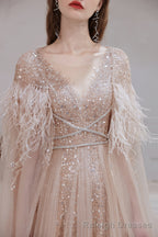 Luxury Champagne Evening Dress, Long Evening Party Prom Dresses, A Line Prom Gown