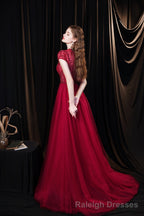 Cap Sleeves Prom Dress 2025 Beading Appliques Tulle Scoop Floor Length Burgundy Prom Dresses