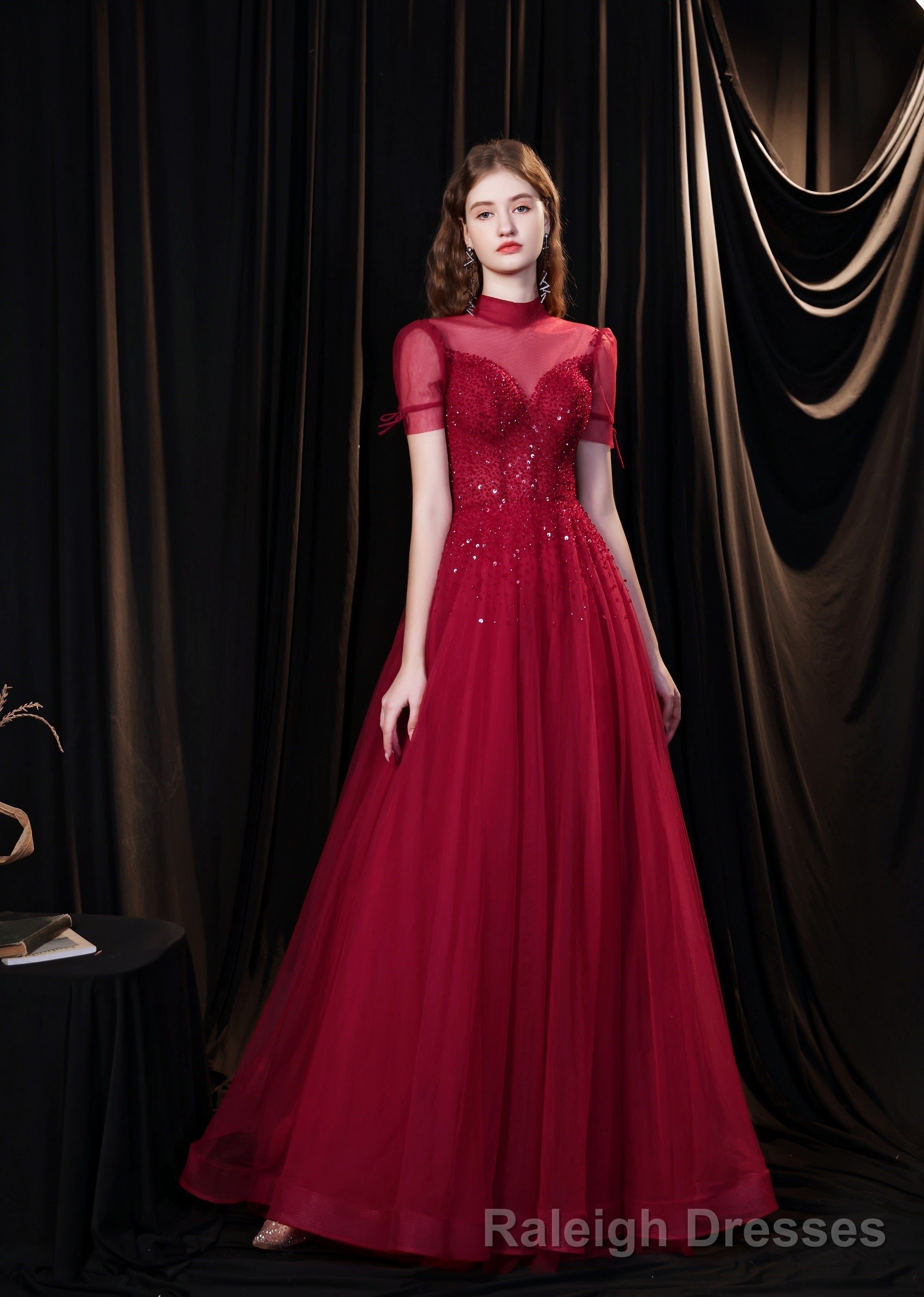 Burgundy Prom Dresses, Tulle High Neck Cap Sleeve Backless Beading Prom Dress Secondary image