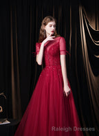 Burgundy Prom Dresses, Tulle High Neck Cap Sleeve Backless Beading Prom Dress