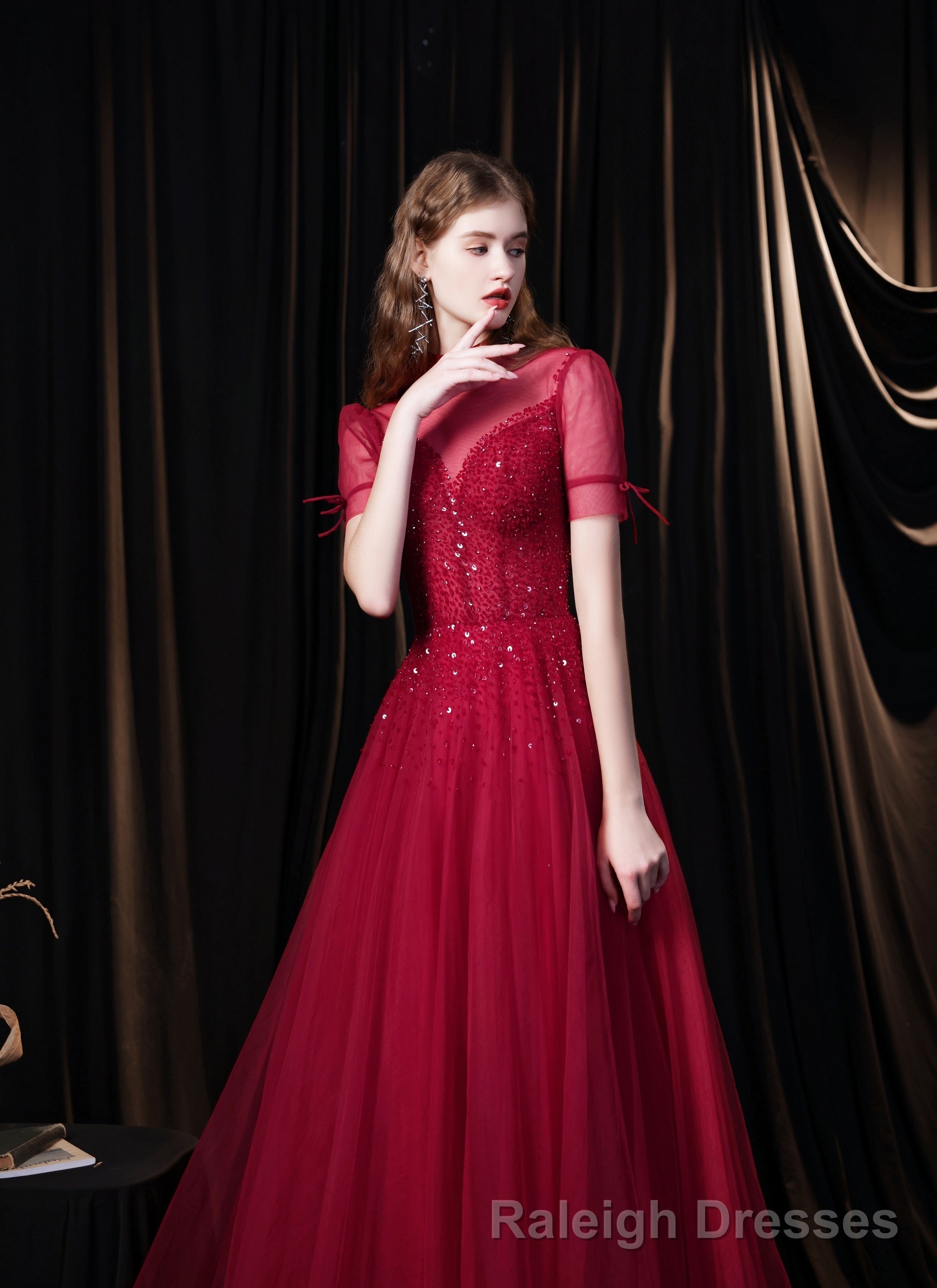 Burgundy Prom Dresses, Tulle High Neck Cap Sleeve Backless Beading Prom Dress