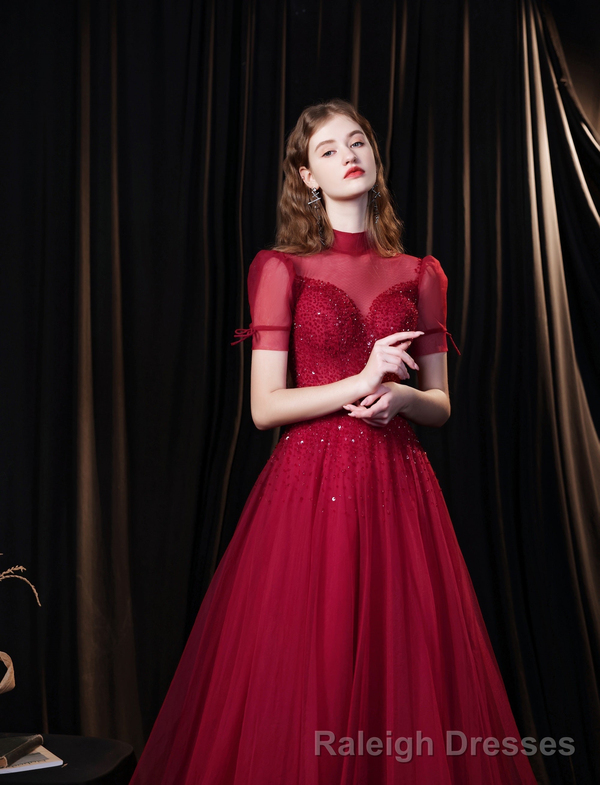 Burgundy Prom Dresses, Tulle High Neck Cap Sleeve Backless Beading Prom Dress