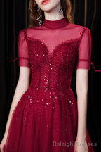 Burgundy Prom Dresses, Tulle High Neck Cap Sleeve Backless Beading Prom Dress