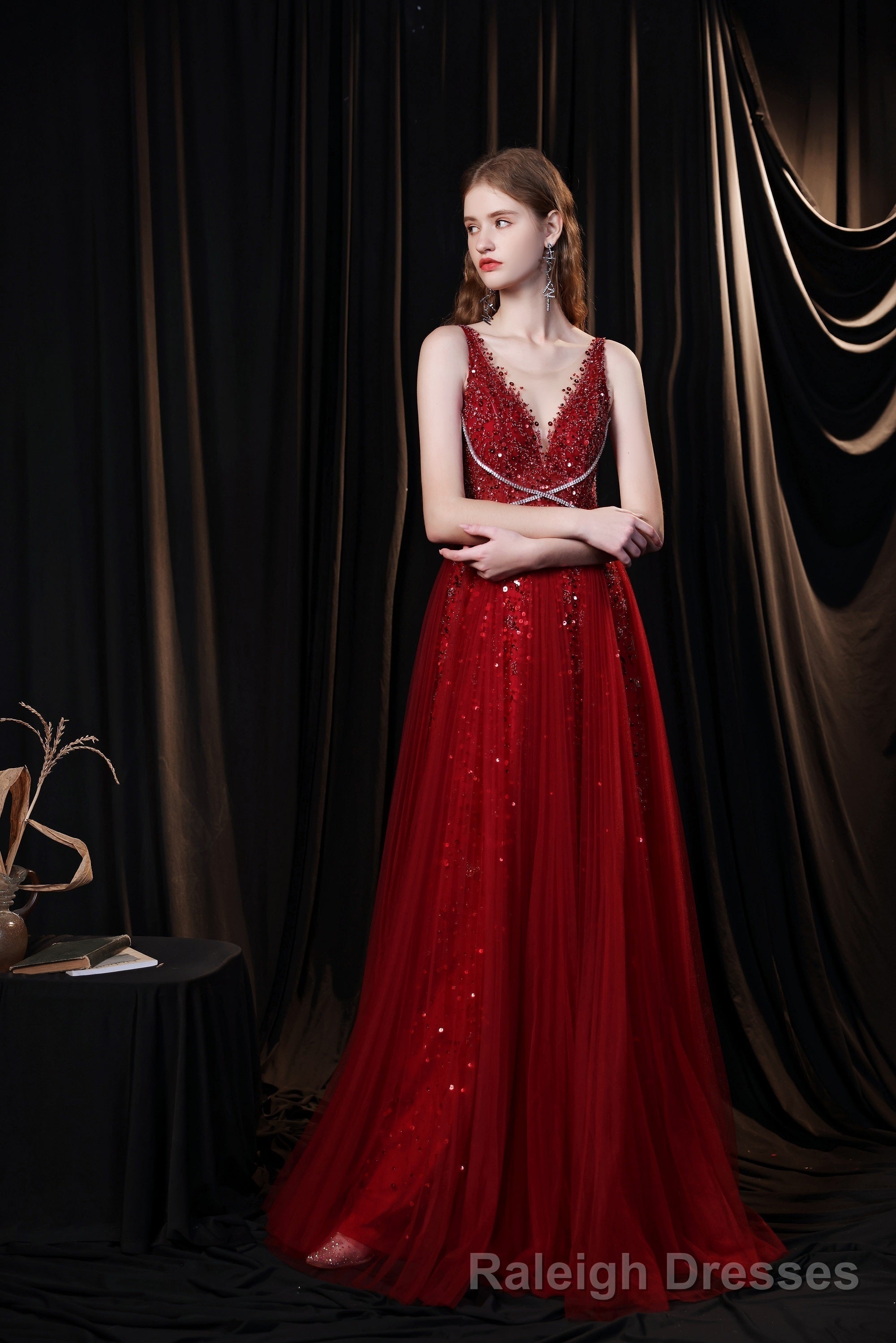 Luxury Burgundy Evening Dress, Long Evening Party Prom Dresses, A Line Prom Gown