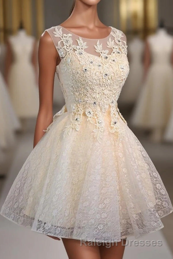 Champagne Lace Round Neck Short Prom Dress, Bridesmaid Dress