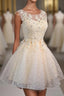 Champagne Lace Round Neck Short Prom Dress, Bridesmaid Dress