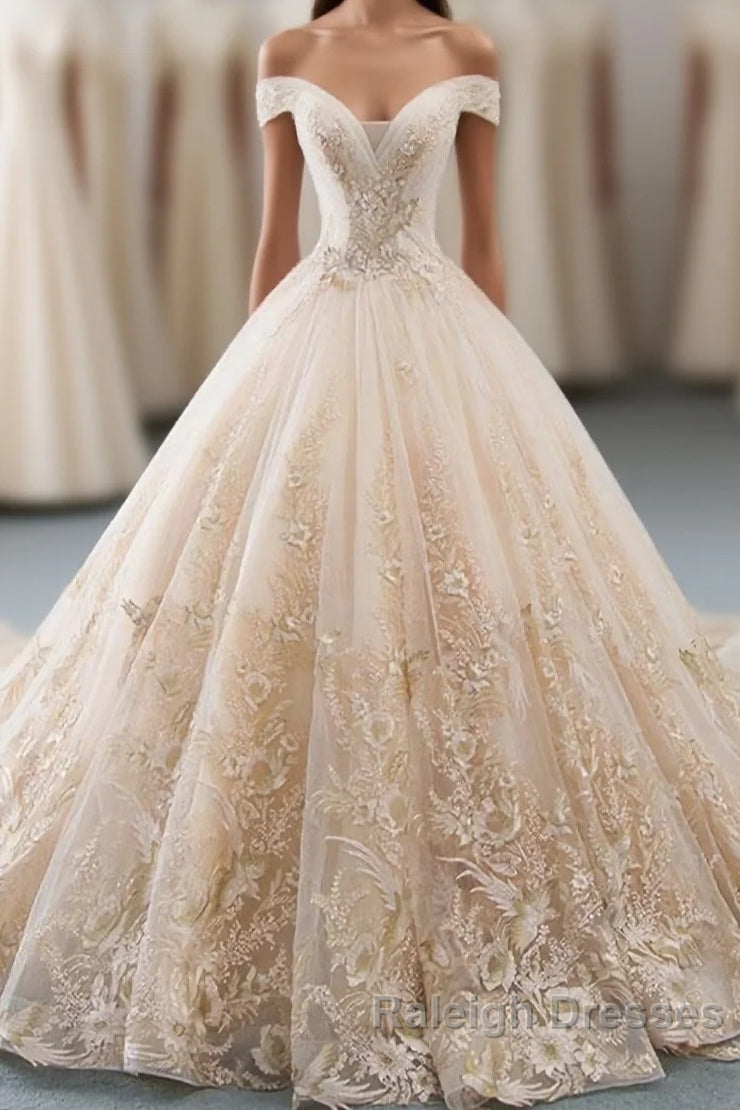 Unique Champagne Tulle Lace Long Wedding Dress, Bridal Gown Main image