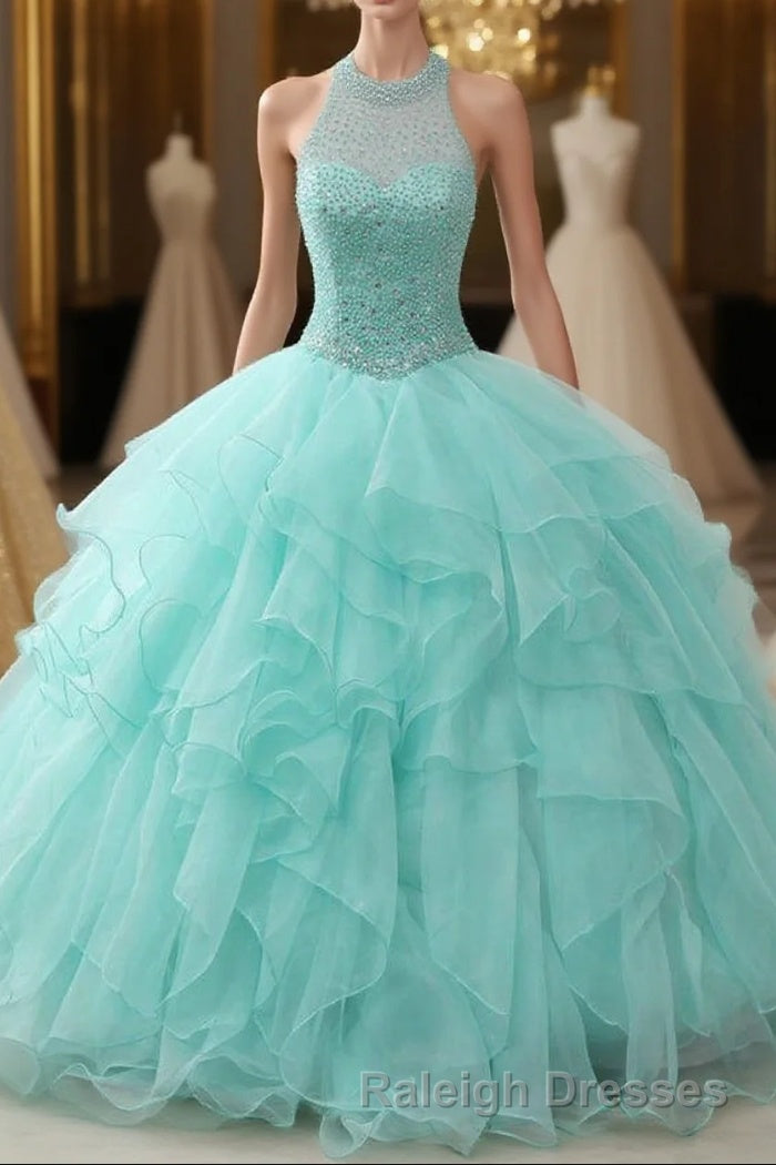 Mint Ball Gown Floor Length Halter Keyhole Back Beading Ruffles Prom Dresses Main image