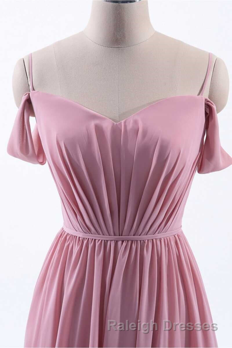 Dusty Pink Chiffon Cold-Shoulder A Line Long Bridesmaid Dresses