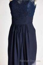 One-Shoulder Navy Blue Lace Long Bridesmaid Dress