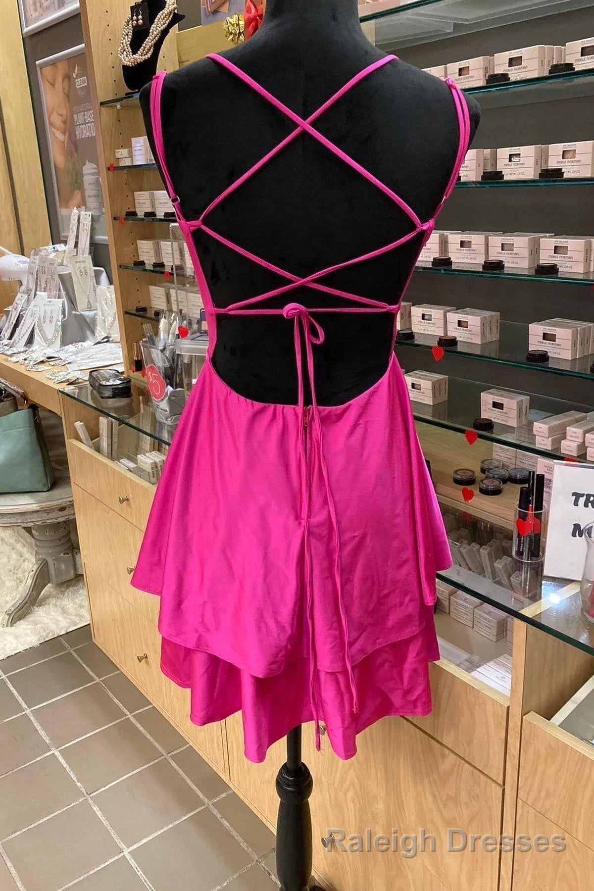 Fuchsia V Neck Lace-Up Back Satin Multi-Layers Mini Homecoming Dress Secondary image