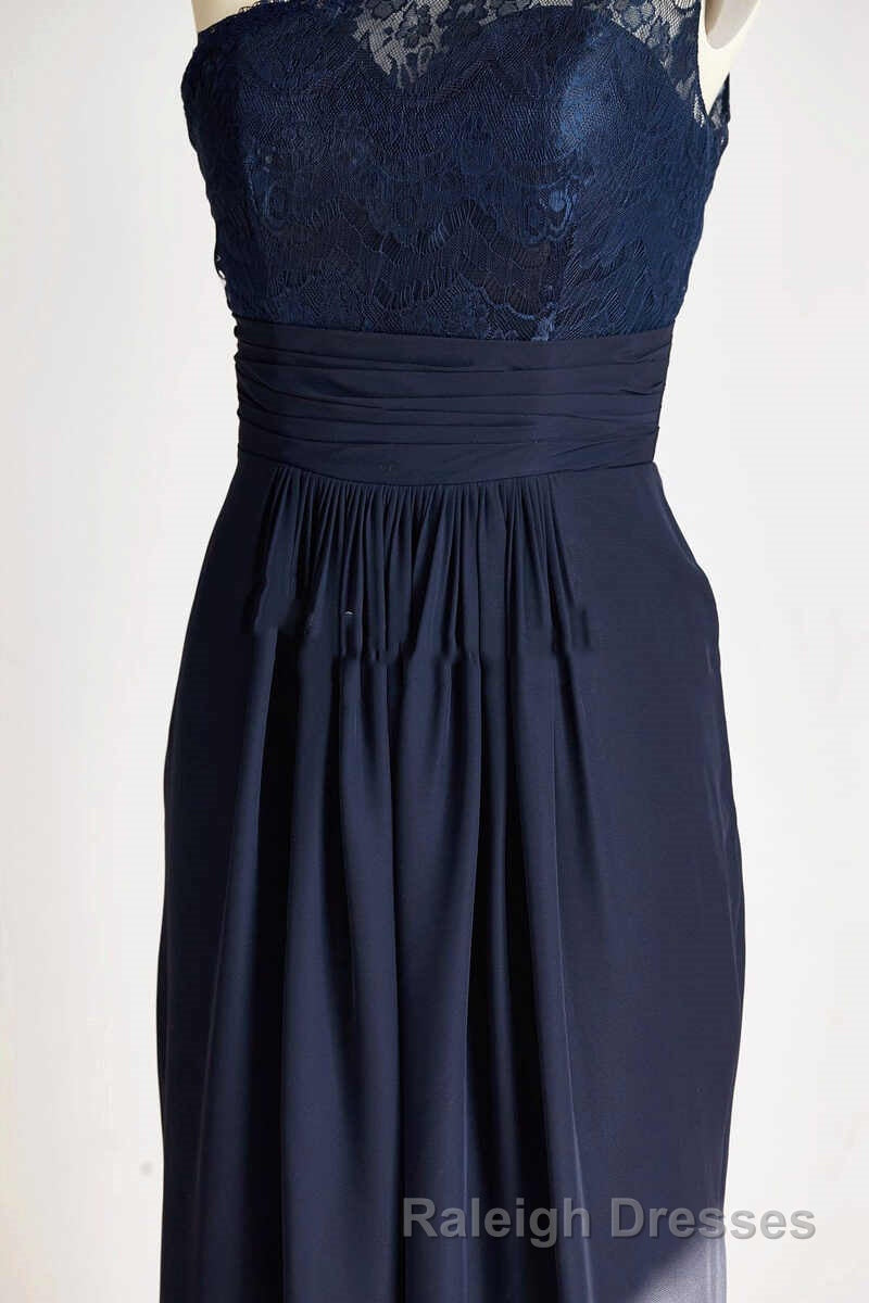One Shoulder Navy Blue Lace Long Bridesmaid Dresses