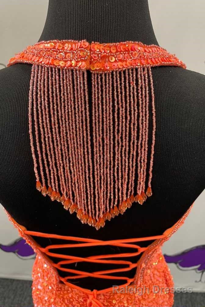 Orange Sequin Halter Fringe Short Homecoming Dress